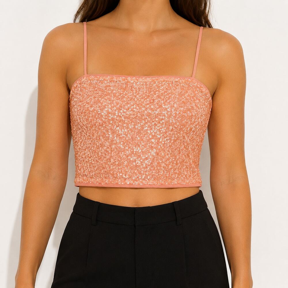 Susana Monaco Peach Sequin Mesh Camisole Crop Top Small